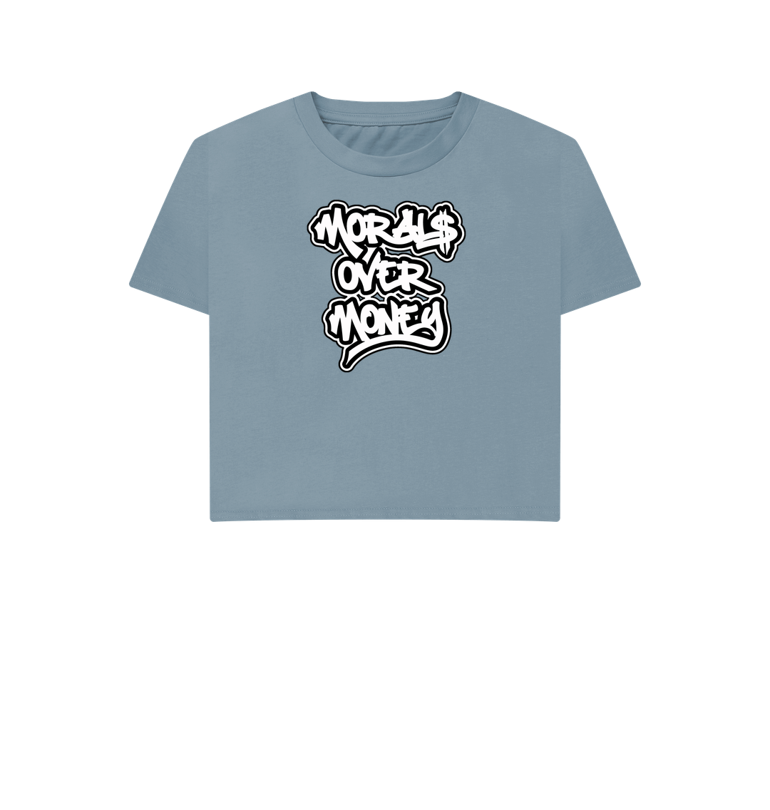 Stone Blue Women's 100% Organic Cotton 'Morals Over Money' Eco Boxy Tee - Large White Print