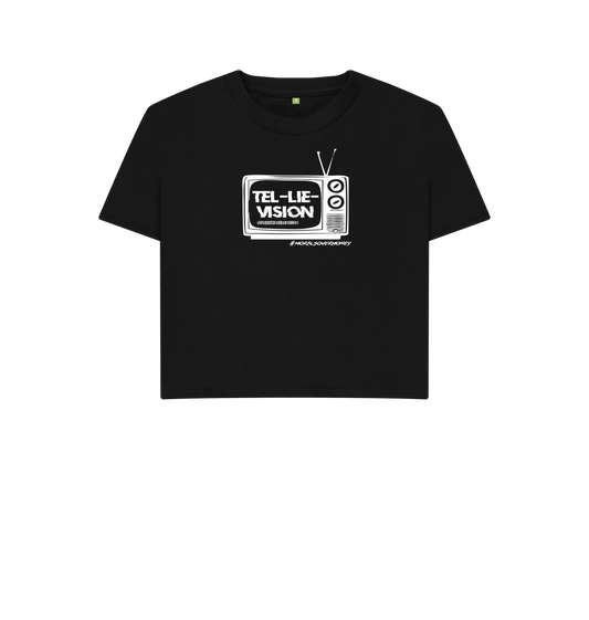 Black Women's 100% Organic Cotton 'Tel-Lie-Vision' Boxy Tee - White Logo