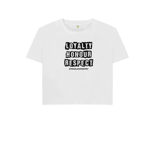 White Women's 100% Organic Cotton 'Loyalty, Honour, Respect' Boxy Eco Tee - Black Logo