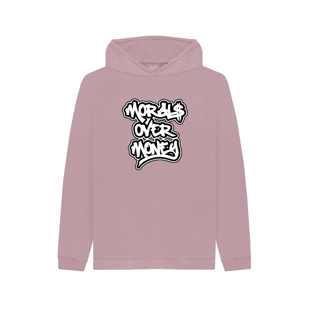 Mauve Kids 100% Organic Cotton ' Morals Over Money' Eco Hoody - Large White Print
