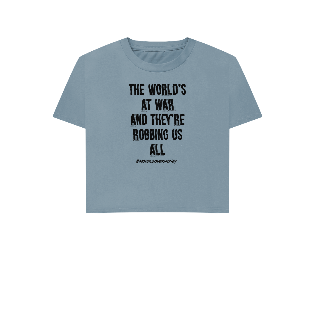 Stone Blue Women's 100% Organic Cotton 'The World's At War' Eco Boxy Tee - Black Logo