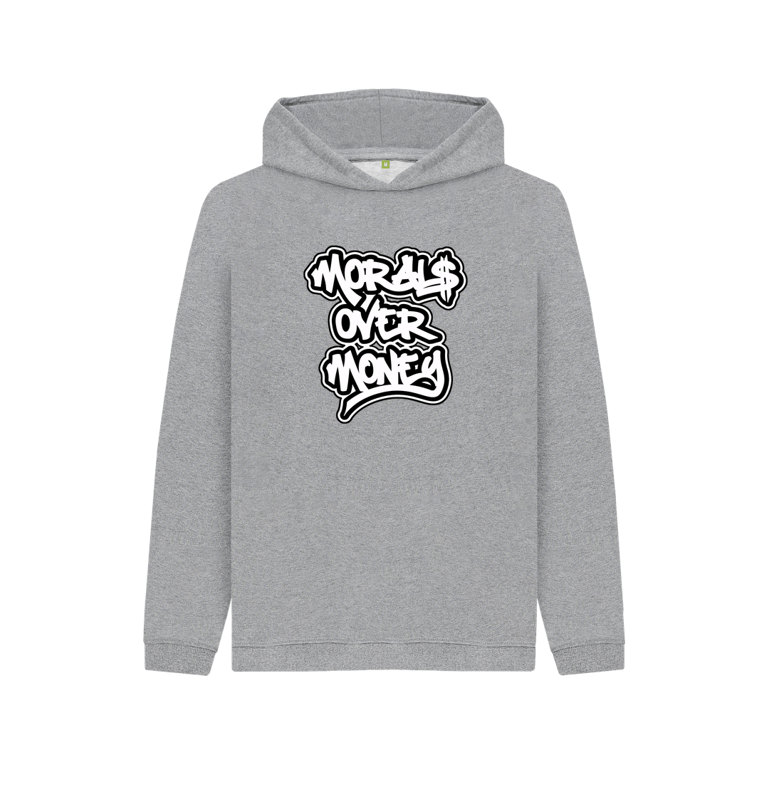 Athletic Grey Kids 100% Organic Cotton ' Morals Over Money' Eco Hoody - Large White Print