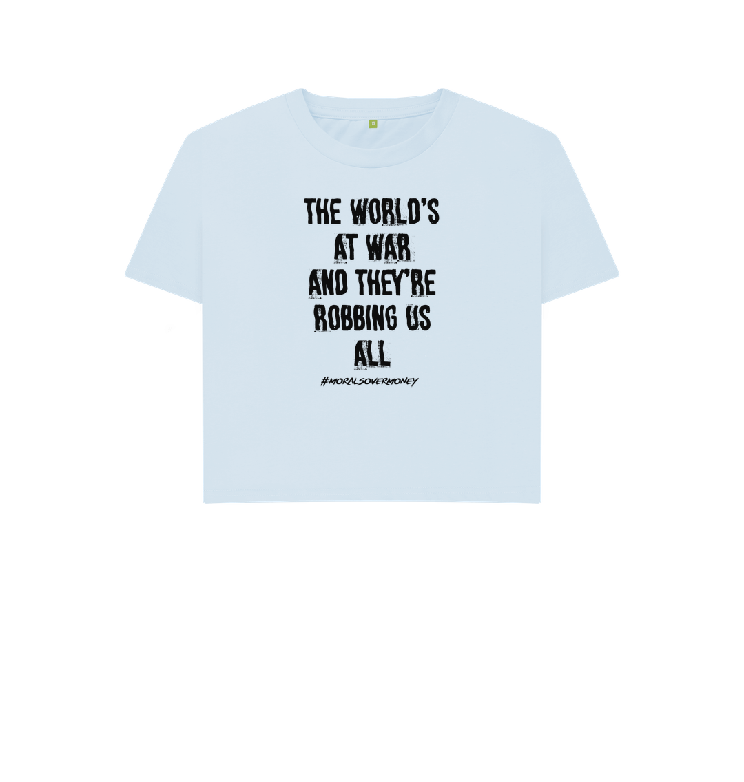 Sky Blue Women's 100% Organic Cotton 'The World's At War' Eco Boxy Tee - Black Logo