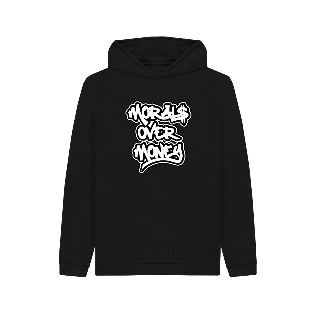 Black Kids 100% Organic Cotton ' Morals Over Money' Eco Hoody - Large White Print