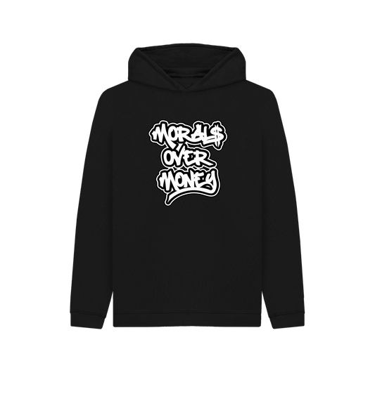 Black Kids 100% Organic Cotton ' Morals Over Money' Eco Hoody - Large White Print