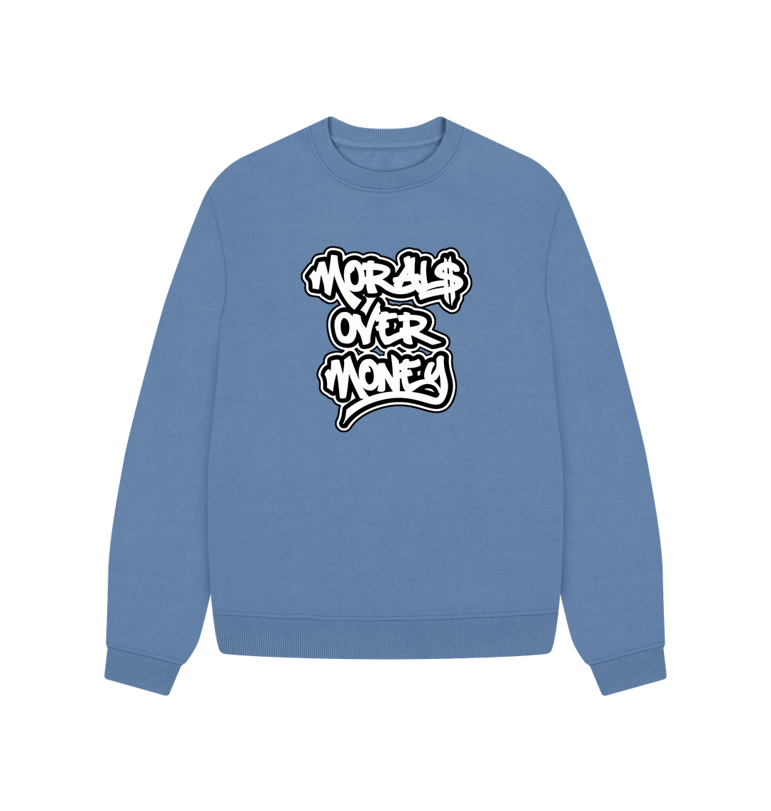 Solent Women's 100% Organic Cotton 'Morals Over Money' Oversized Eco Jumper - Large White Print