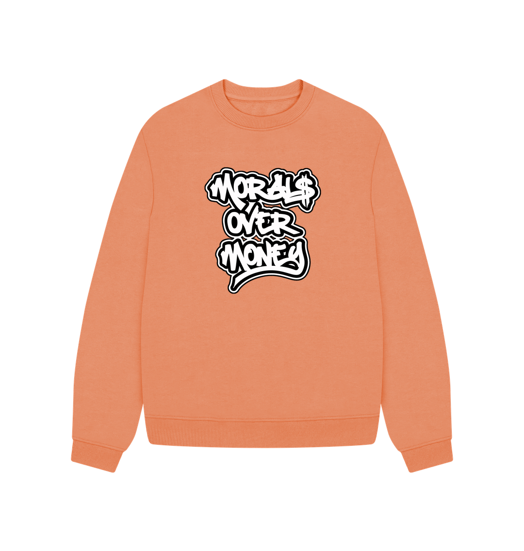 Apricot Women's 100% Organic Cotton 'Morals Over Money' Oversized Eco Jumper - Large White Print