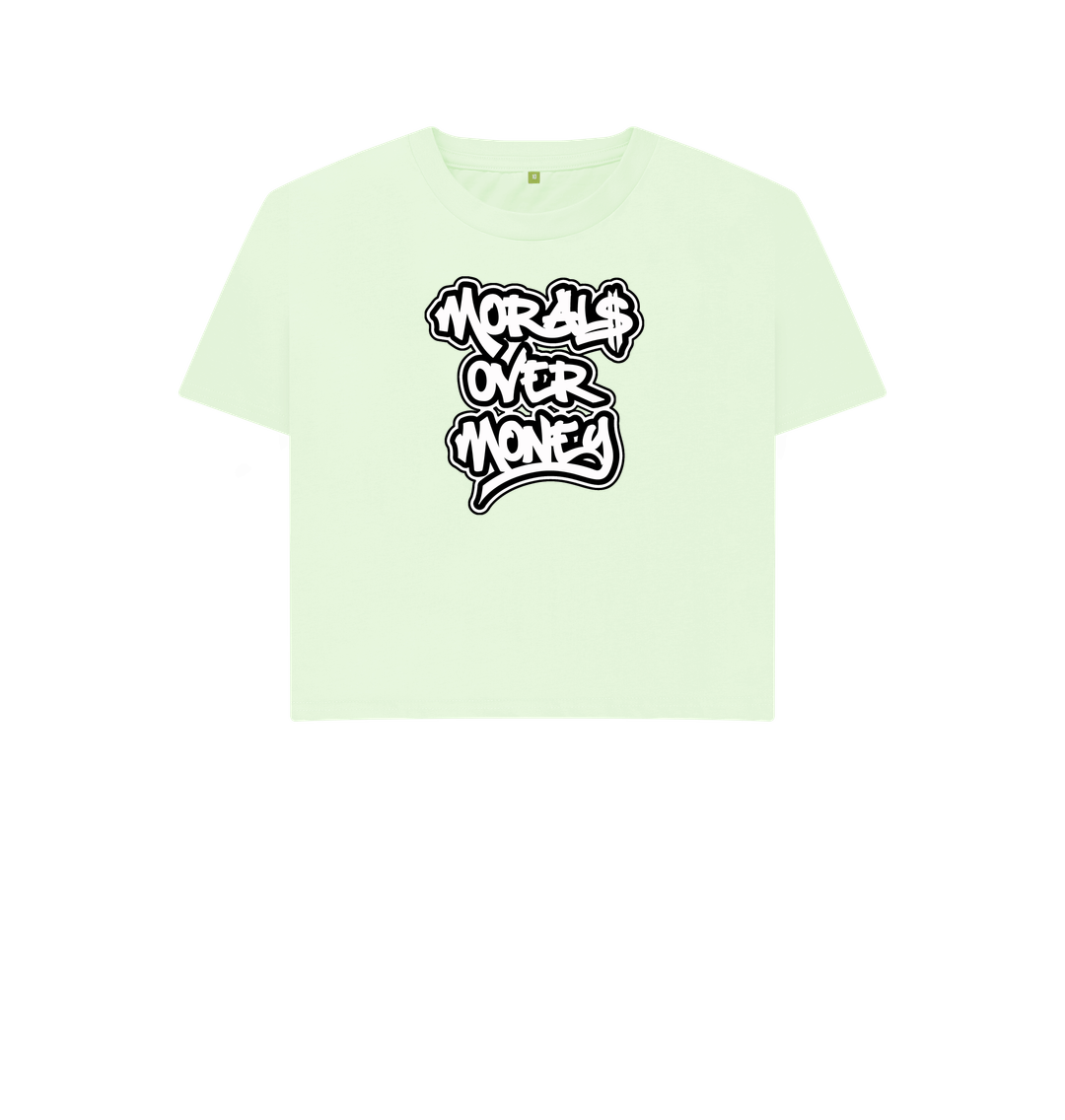 Pastel Green Women's 100% Organic Cotton 'Morals Over Money' Eco Boxy Tee - Large White Print
