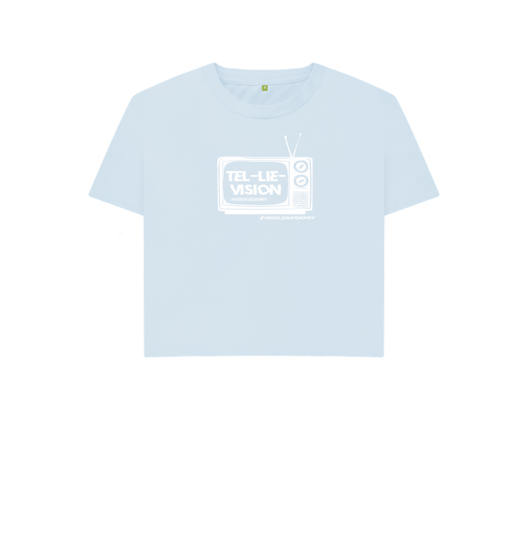 Sky Blue Women's 100% Organic Cotton 'Tel-Lie-Vision' Boxy Tee - White Logo