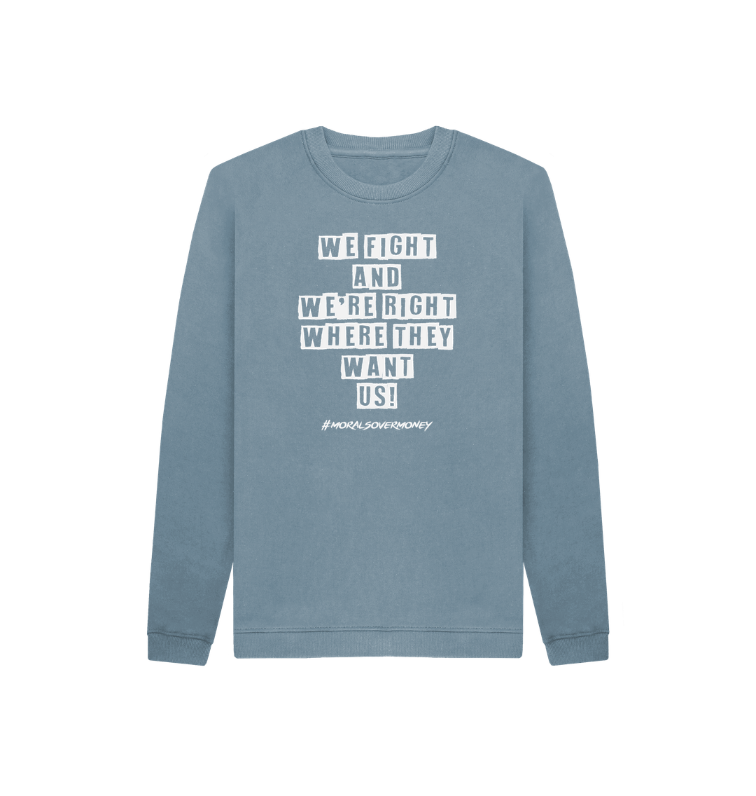 Stone Blue Kid's 100% Organic Cotton 'We Fight' Eco Jumper - White Logo.