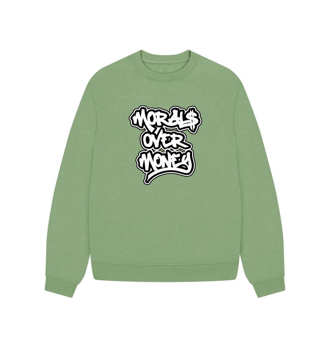 Sage Women's 100% Organic Cotton 'Morals Over Money' Oversized Eco Jumper - Large White Print