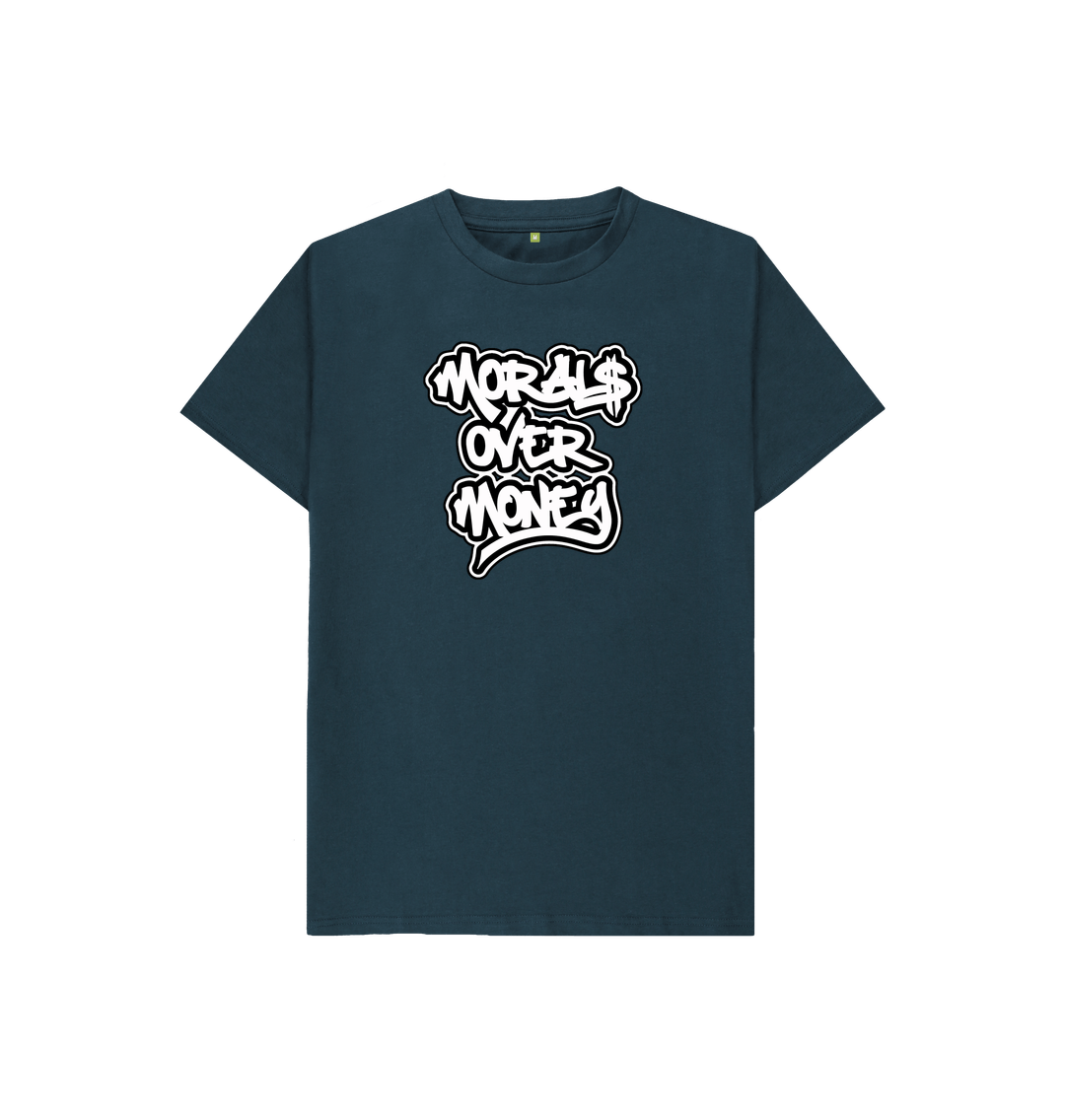 Denim Blue Kids 100% Organic Cotton 'Morals Over Money' Eco Tee - Large White Print