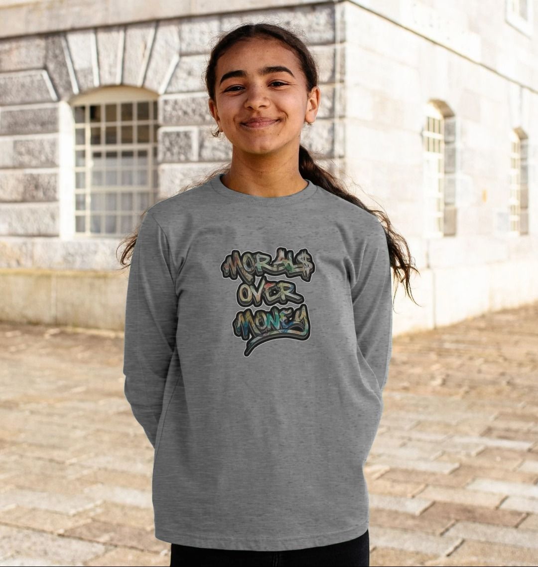 Kids Original 100% Organic Cotton 'Morals Over Money' Eco Jumper - Coloured Print