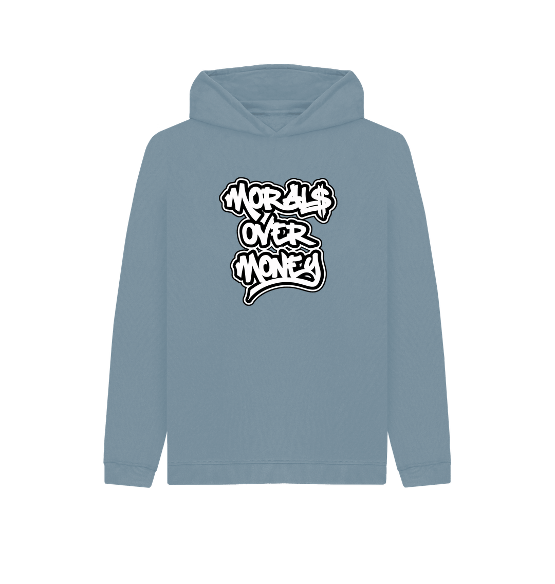 Stone Blue Kids 100% Organic Cotton ' Morals Over Money' Eco Hoody - Large White Print