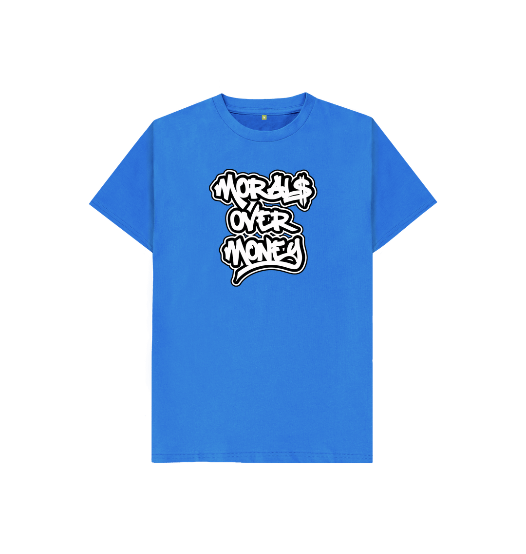 Bright Blue Kids 100% Organic Cotton 'Morals Over Money' Eco Tee - Large White Print