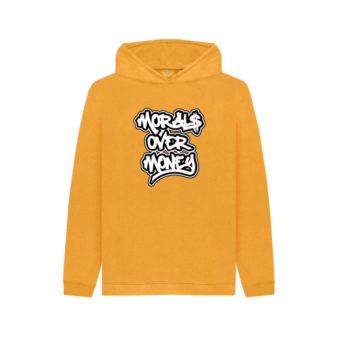 Mustard Kids 100% Organic Cotton ' Morals Over Money' Eco Hoody - Large White Print