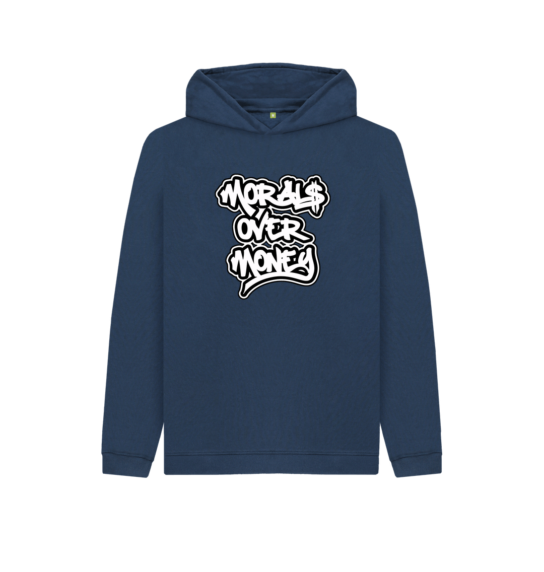Navy Blue Kids 100% Organic Cotton ' Morals Over Money' Eco Hoody - Large White Print