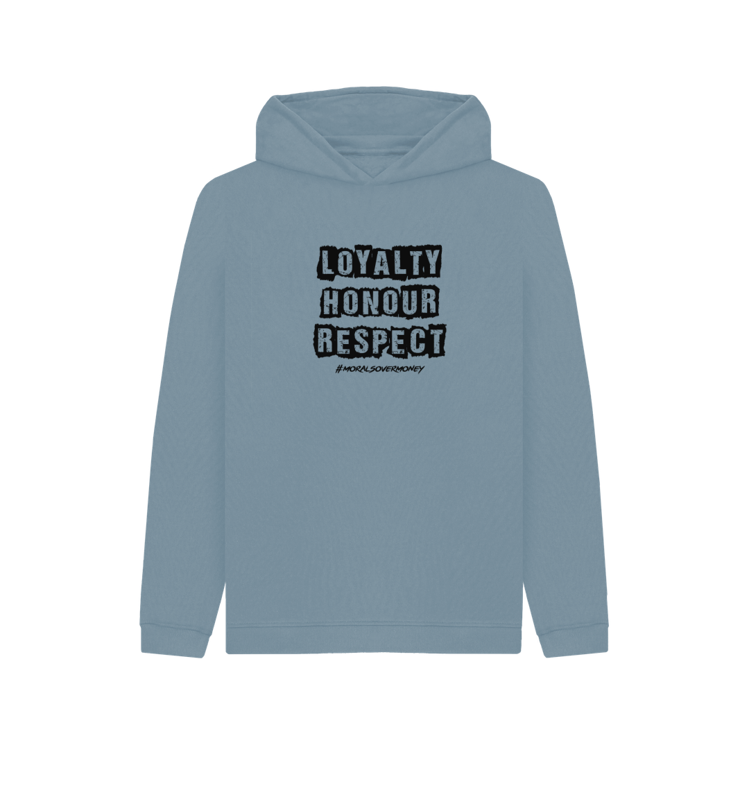Stone Blue Kid's 100% Organic Cotton 'Loyalty, Honour, Respect' Eco Hoodie -Black Logo