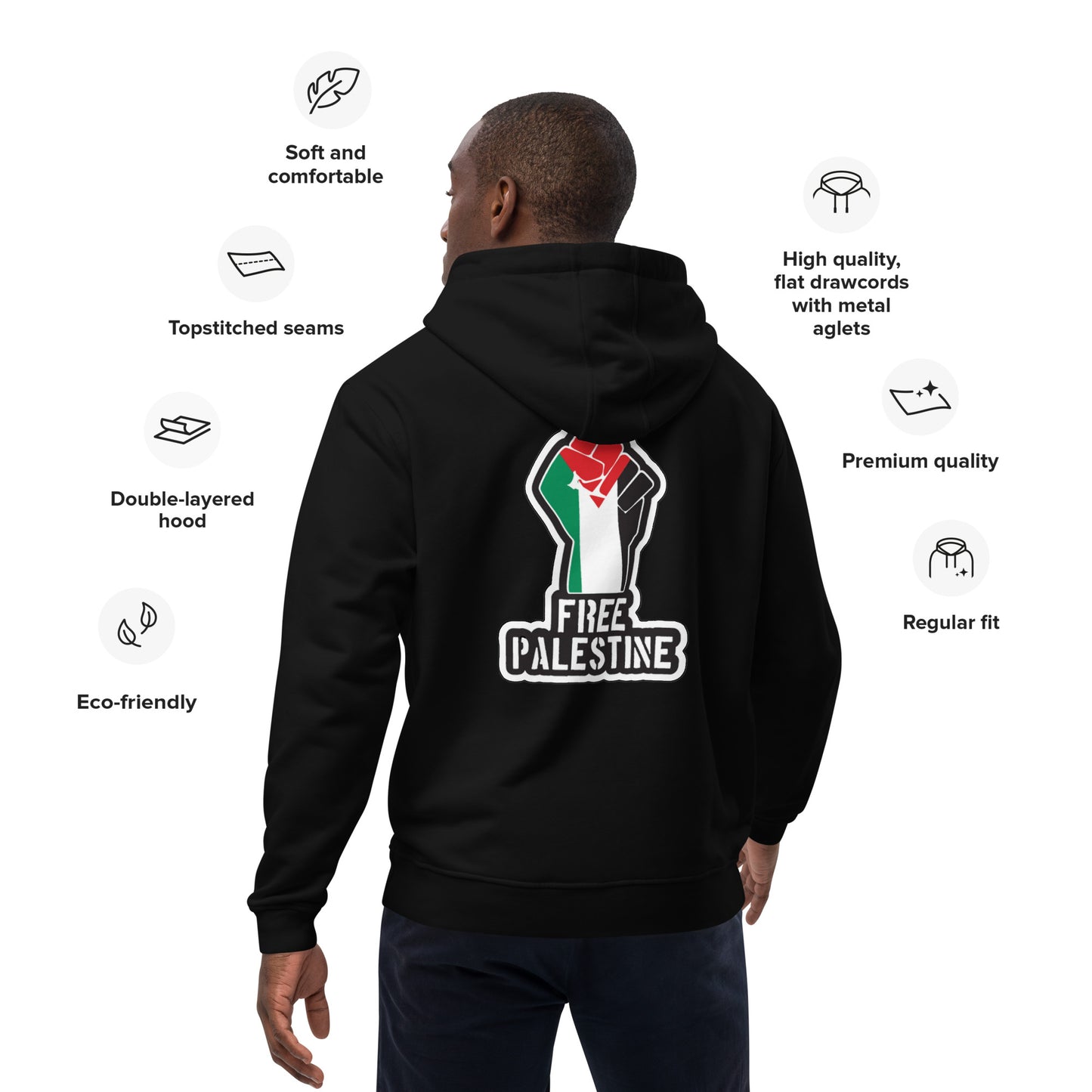 Organic Premium Morals Over Money Embroidered Eco Hoodie -  With Free Palestine Fist Print on back
