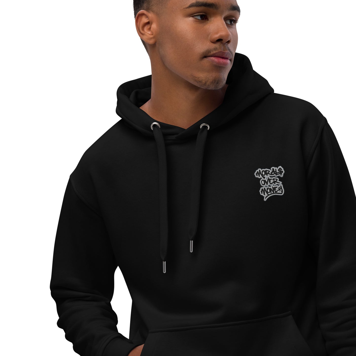 Organic Premium Morals Over Money Embroidered Eco Hoodie -  With Free Palestine Fist Print on back