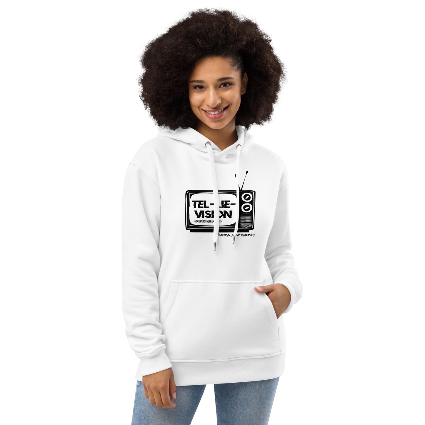 Organic 'Tel-Lie-Vision' Premium Quality Eco Hoodie - White Logo