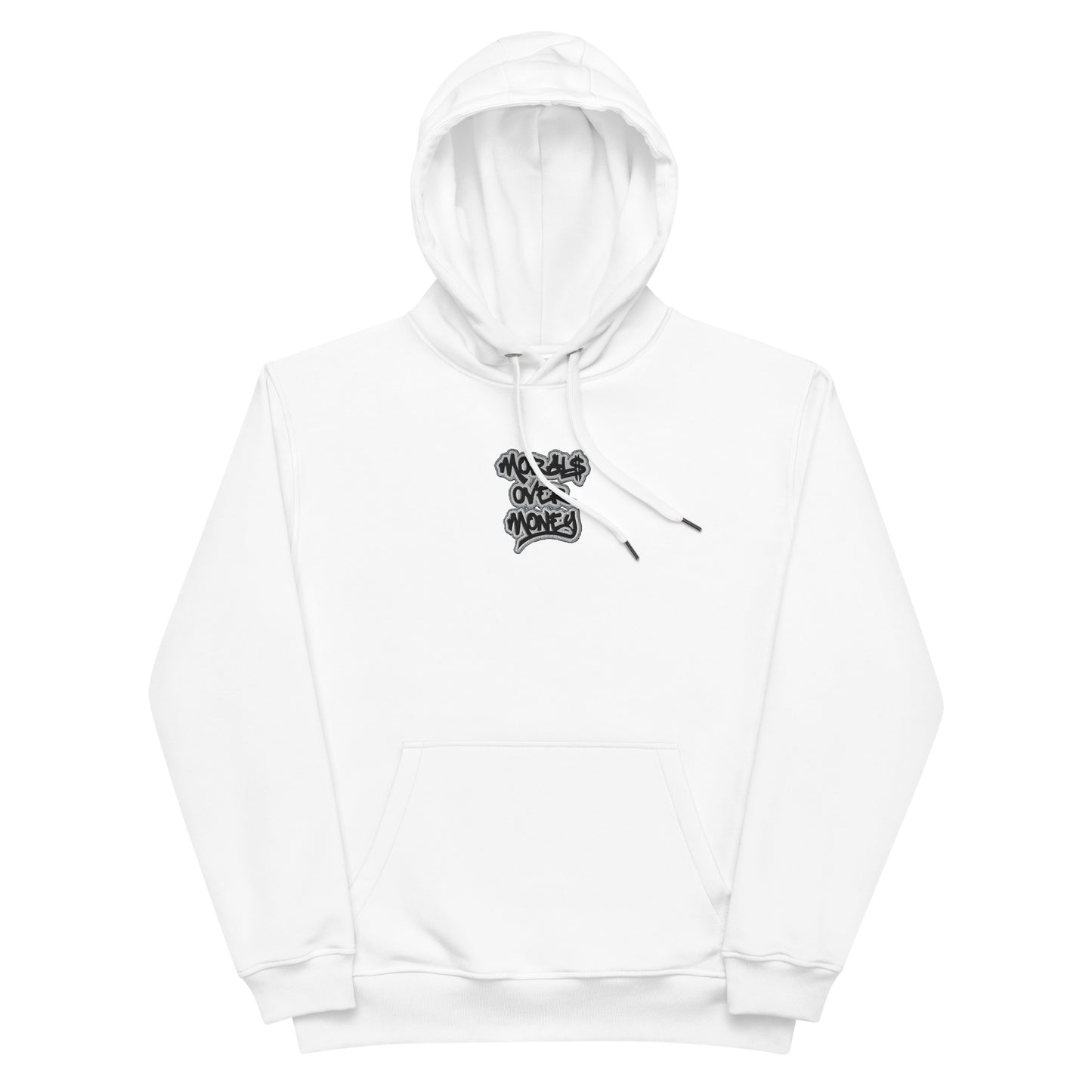 Organic 'Morals Over Money' Premium Eco Hoody - Large Embroidery