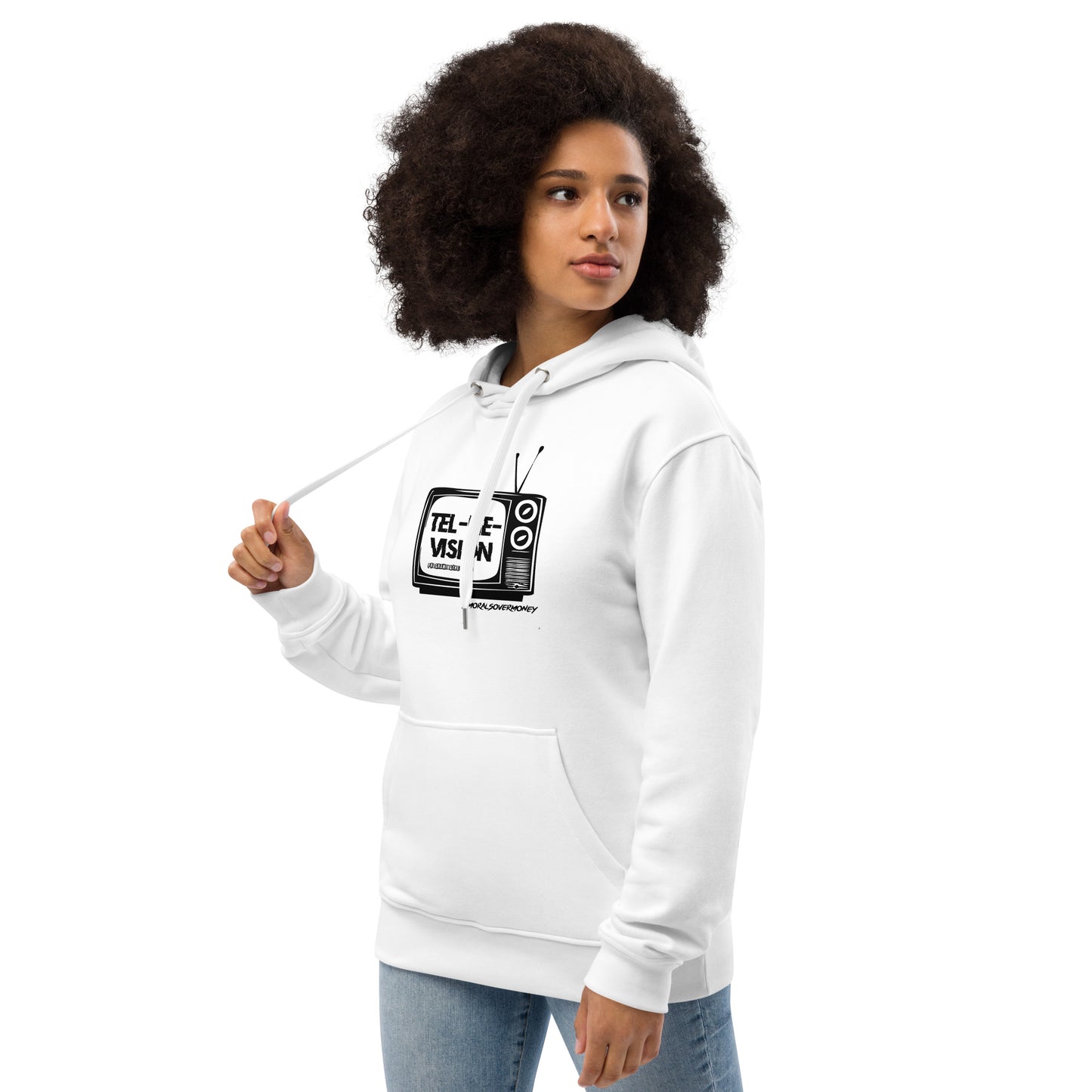 Organic 'Tel-Lie-Vision' Premium Quality Eco Hoodie - White Logo