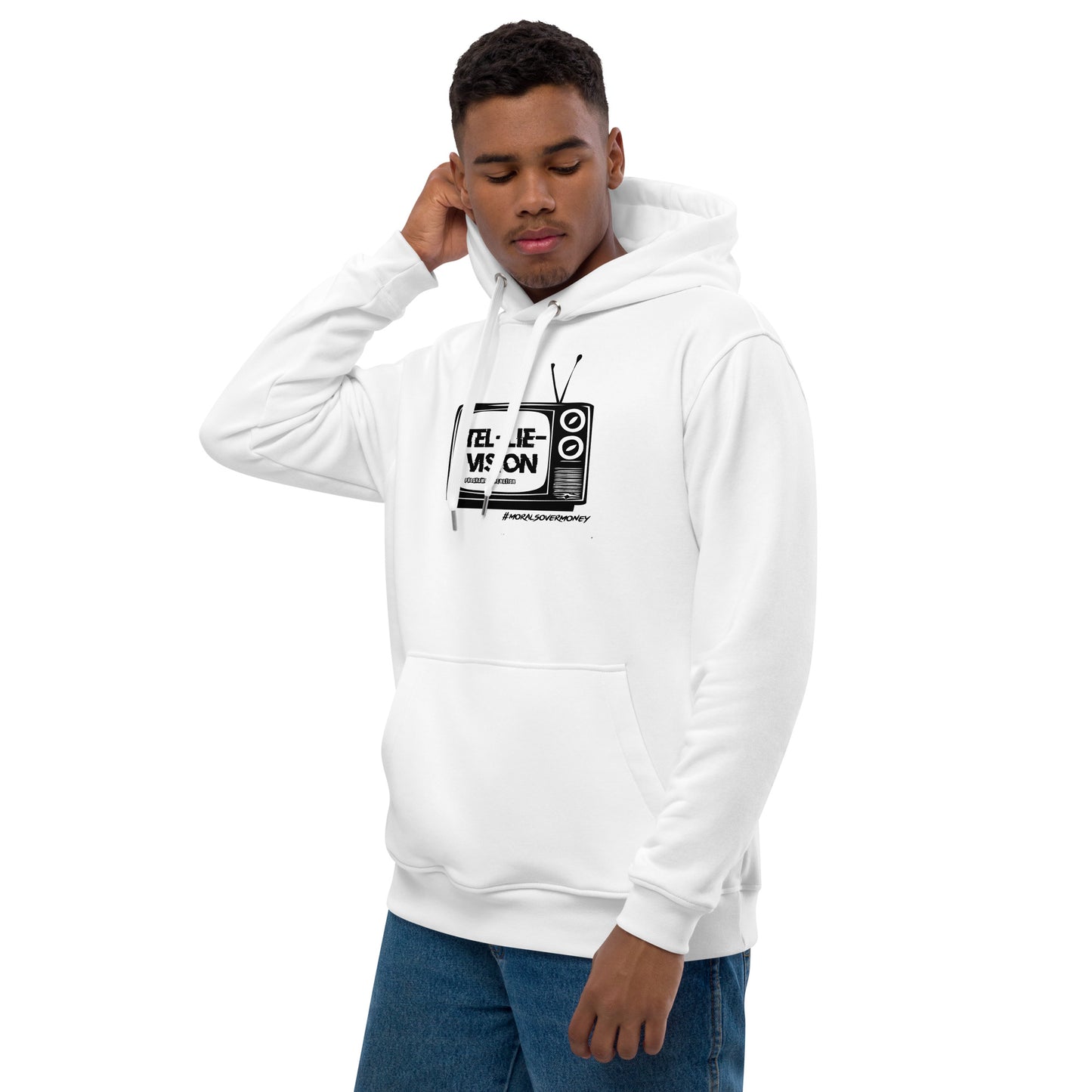 Organic 'Tel-Lie-Vision' Premium Quality Eco Hoodie - White Logo