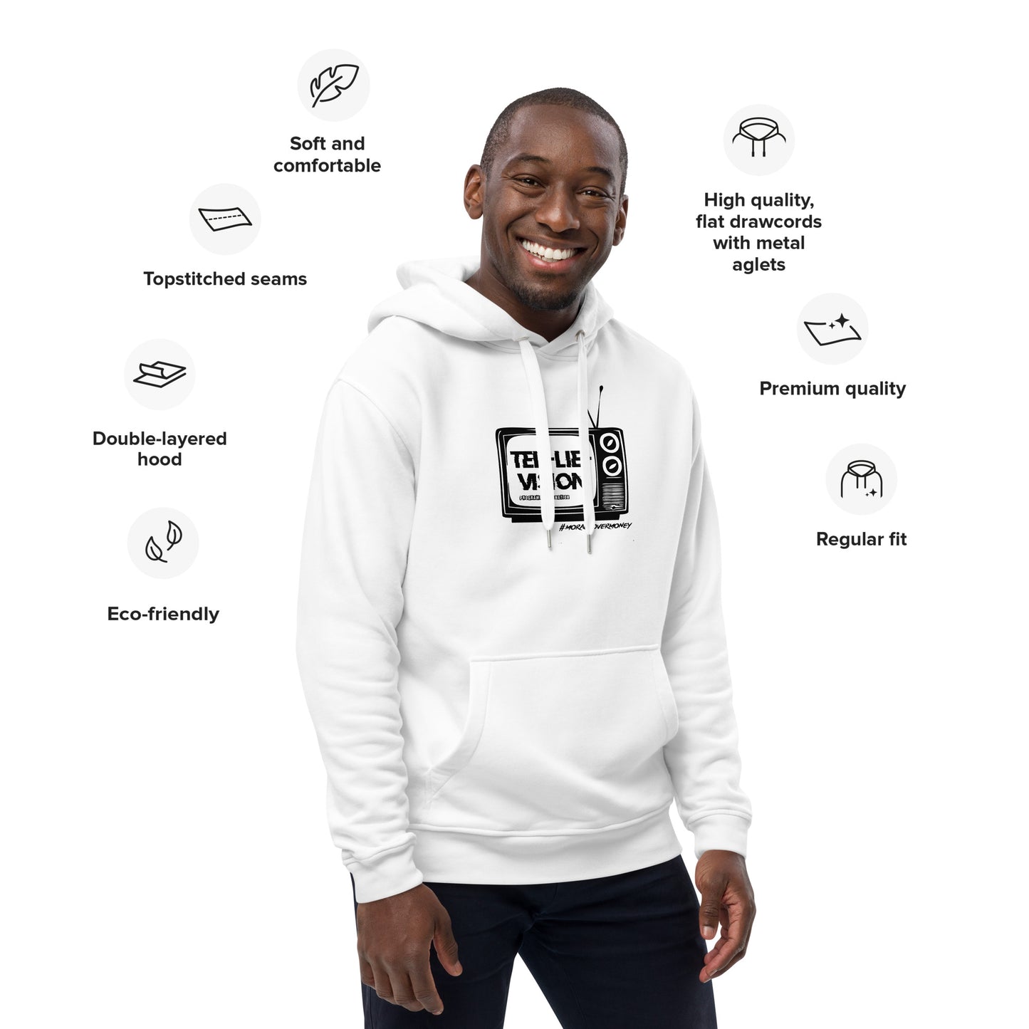 Organic 'Tel-Lie-Vision' Premium Quality Eco Hoodie - White Logo