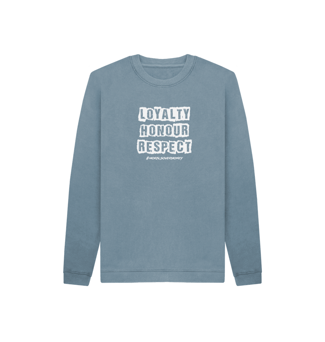 Stone Blue Kid's 100% Organic Cotton 'Loyalty, Honour, Respect' Eco Jumper - White Logo Logo