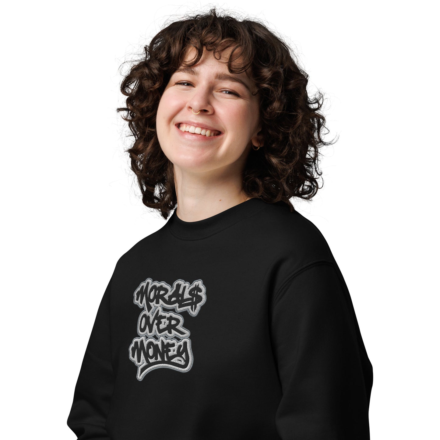 100% Organic Cotton 'Morals Over Money' Embroidered Eco Jumper