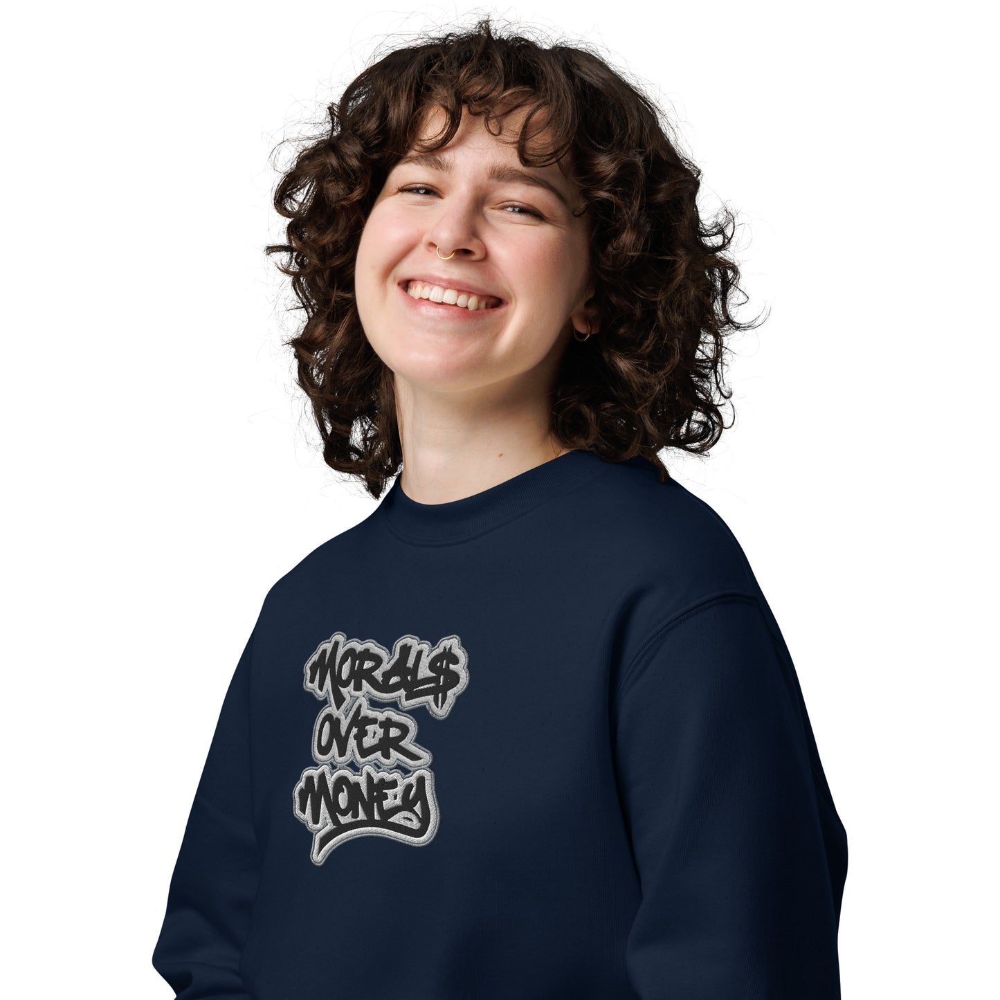 100% Organic Cotton 'Morals Over Money' Embroidered Eco Jumper