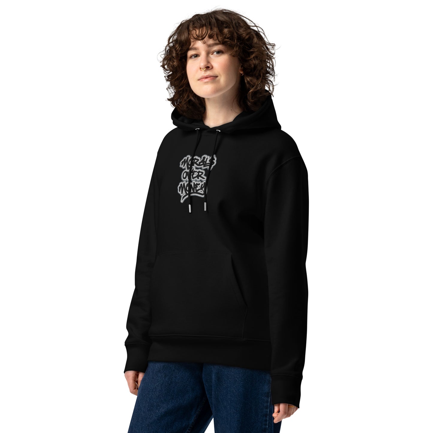 100% Organic Cotton Essentials 'Morals Over Money' Embroidered Eco Hoodie