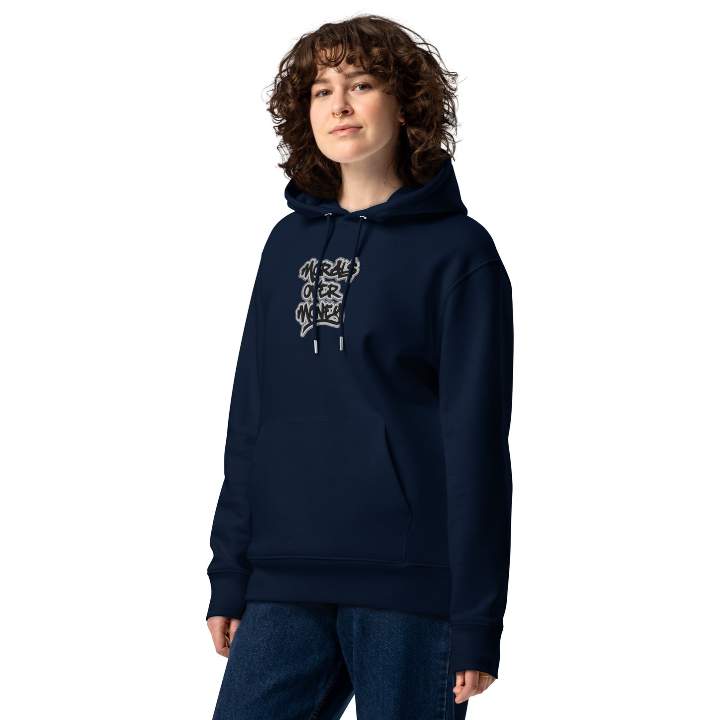 100% Organic Cotton Essentials 'Morals Over Money' Embroidered Eco Hoodie