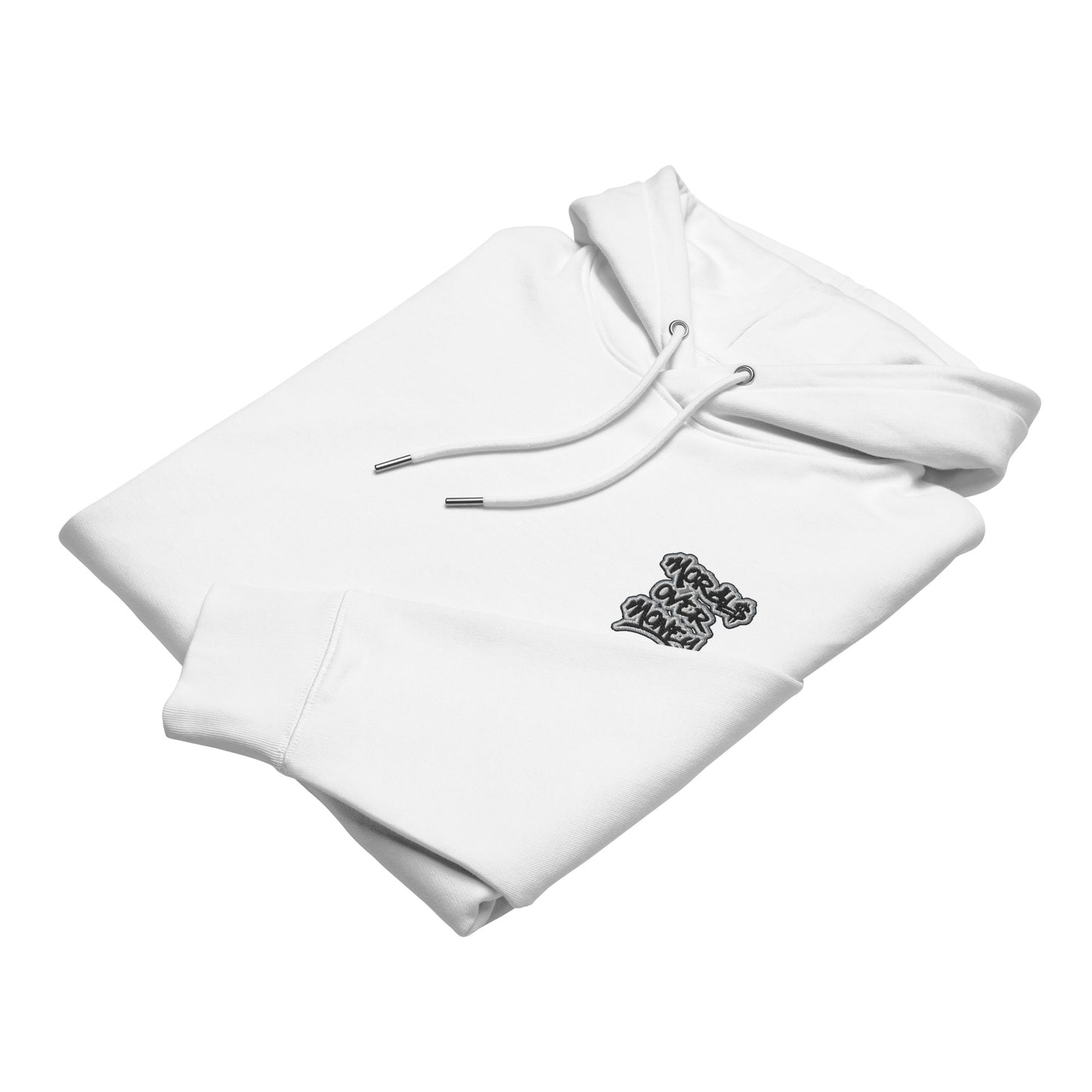 100% Organic Cotton 'Morals Over Money' Essentials Eco Hoody - Small Embroidery