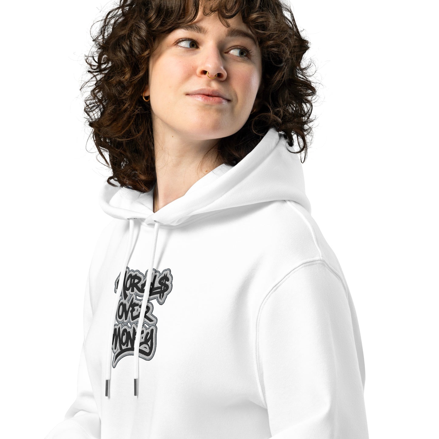 100% Organic Cotton Essentials 'Morals Over Money' Embroidered Eco Hoodie