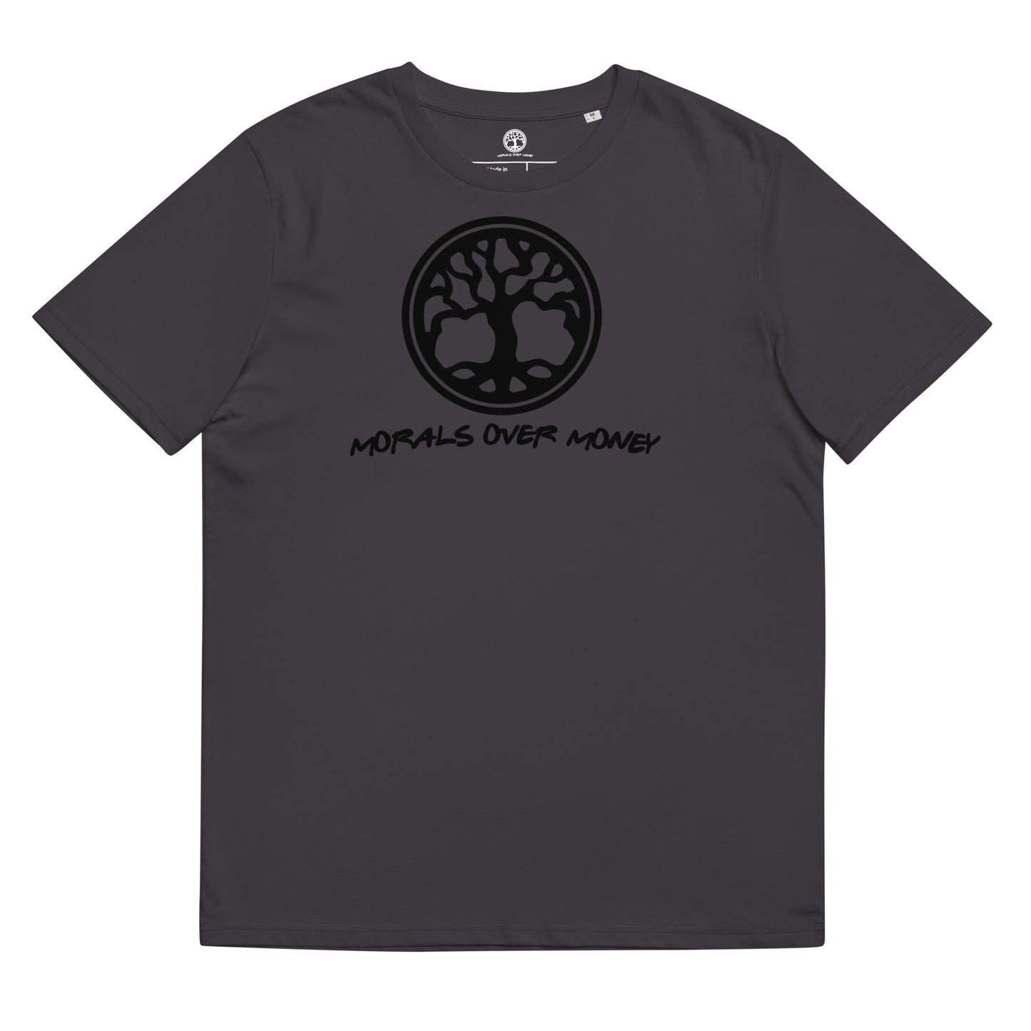 100% Organic Cotton 'Morals Over Money - Tree of Life' Eco Tee - Black Logo
