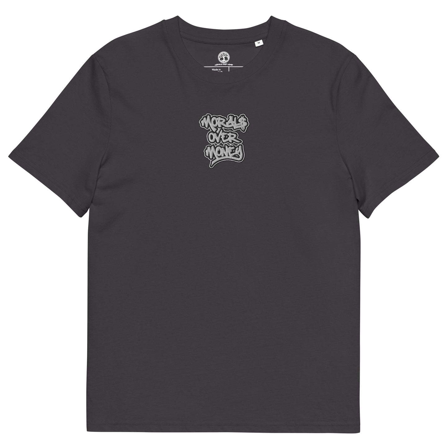 100% Organic Cotton 'Morals Over Money' Centre Embroidered Eco Tee - White & Black Logo
