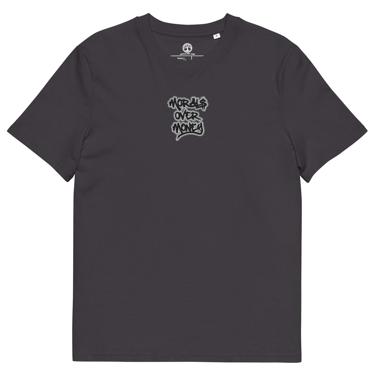 100% Organic Cotton 'Morals Over Money' Centre Embroidered Eco Tee- Black, White & Grey Logo