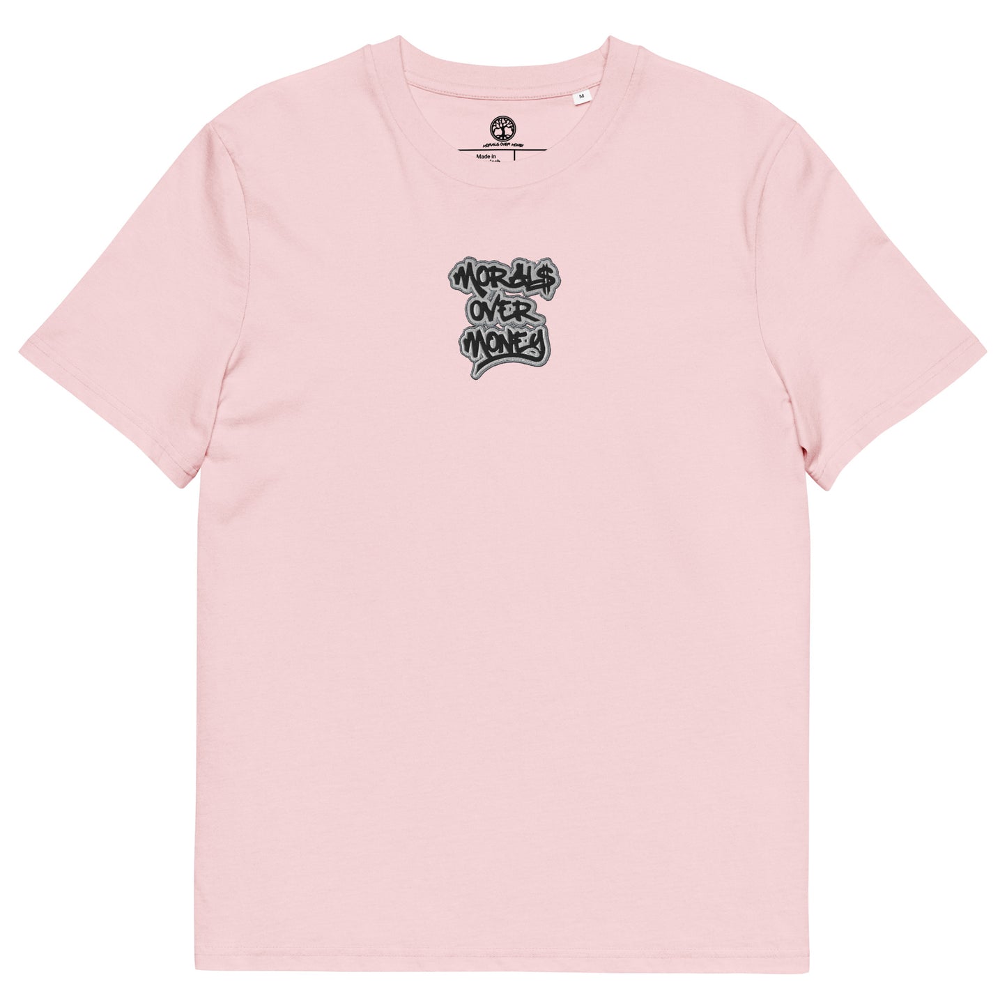 100% Organic Cotton 'Morals Over Money' Centre Embroidered Eco Tee- Black, White & Grey Logo