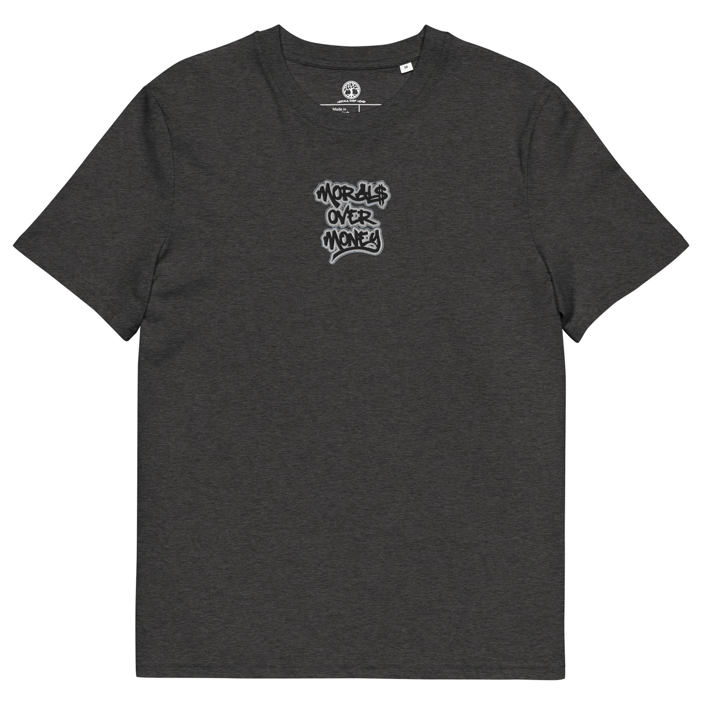 100% Organic Cotton 'Morals Over Money' Centre Embroidered Eco Tee- Black, White & Grey Logo