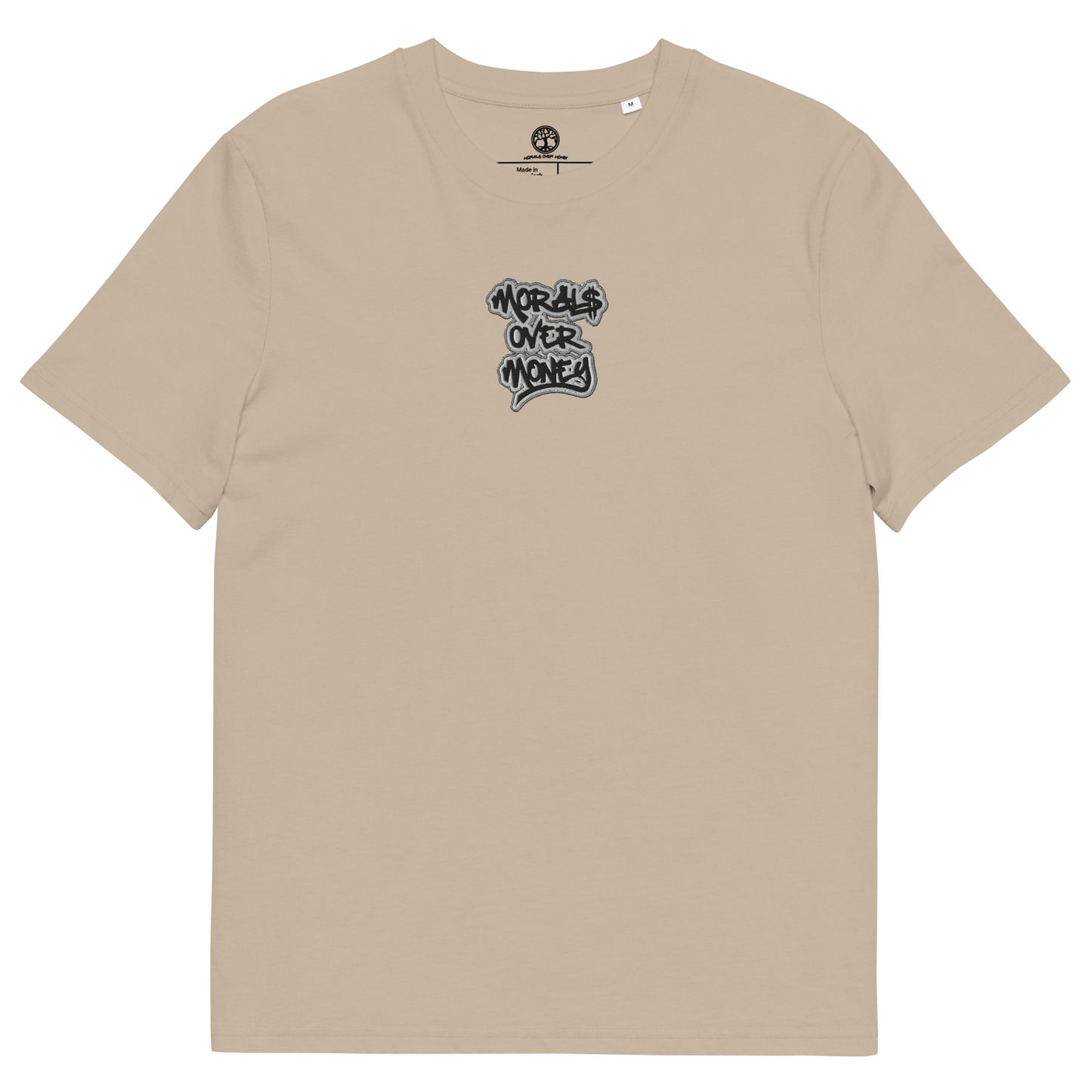 100% Organic Cotton 'Morals Over Money' Centre Embroidered Eco Tee- Black, White & Grey Logo