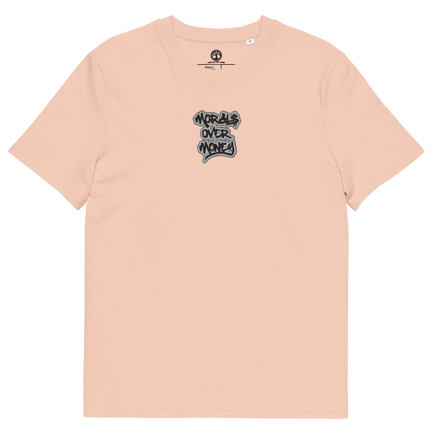 100% Organic Cotton 'Morals Over Money' Centre Embroidered Eco Tee- Black, White & Grey Logo