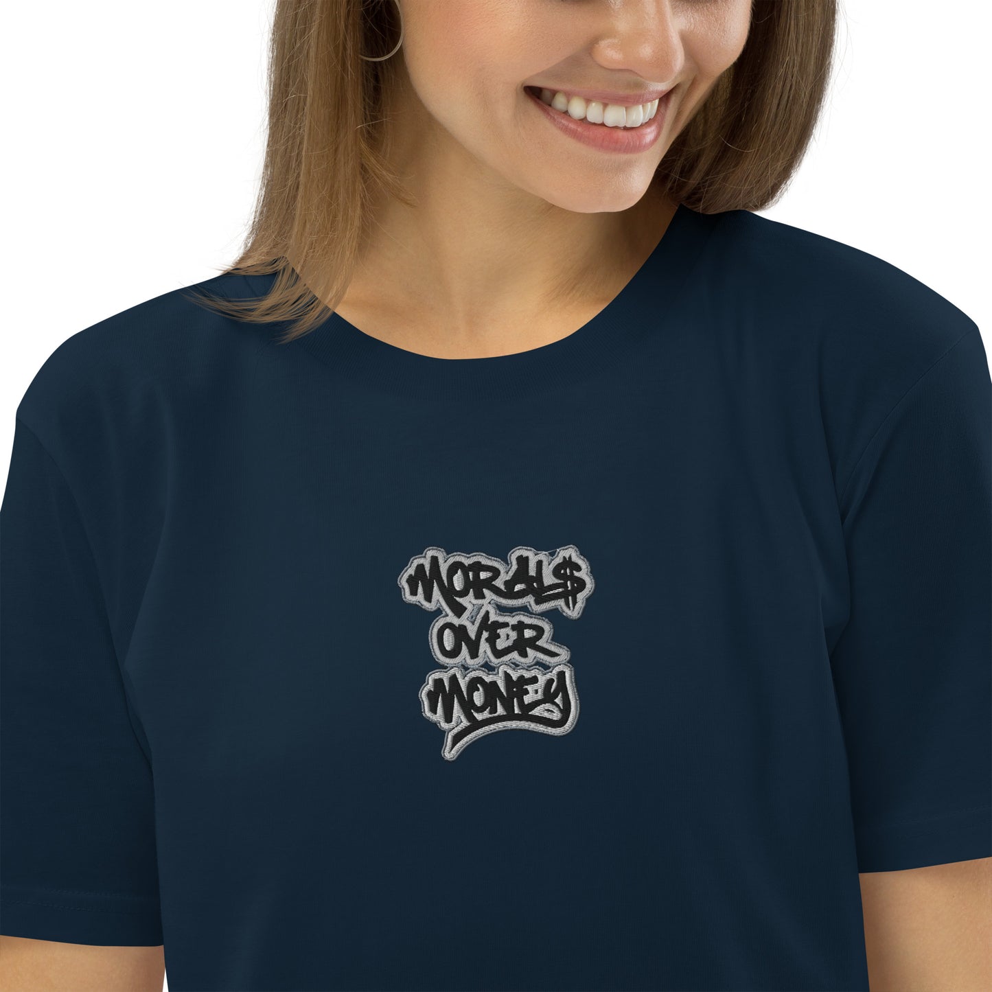 100% Organic Cotton 'Morals Over Money' Centre Embroidered Eco Tee- Black, White & Grey Logo