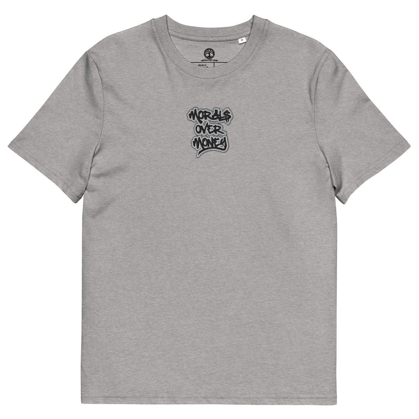 100% Organic Cotton 'Morals Over Money' Centre Embroidered Eco Tee- Black, White & Grey Logo