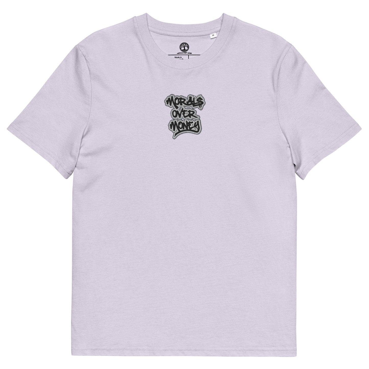 100% Organic Cotton 'Morals Over Money' Centre Embroidered Eco Tee- Black, White & Grey Logo