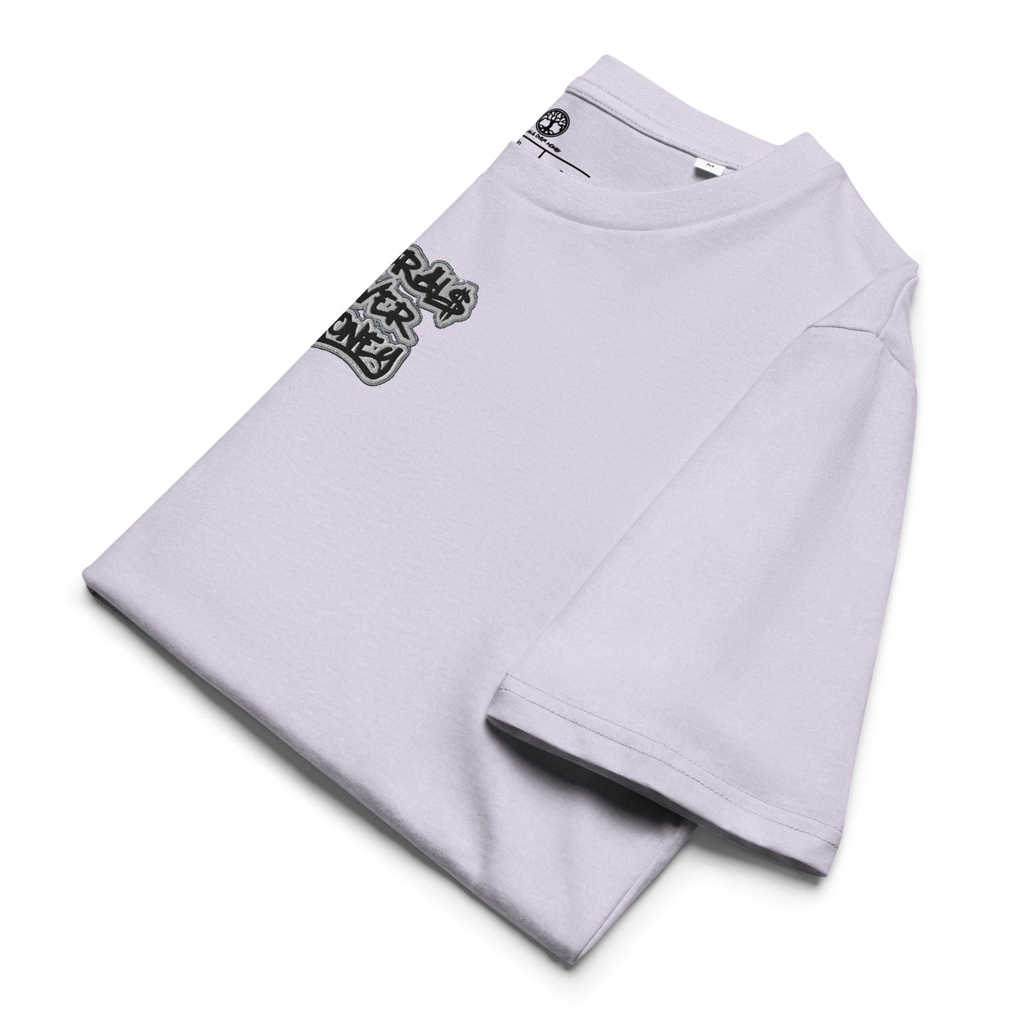 100% Organic Cotton 'Morals Over Money' Centre Embroidered Eco Tee- Black, White & Grey Logo