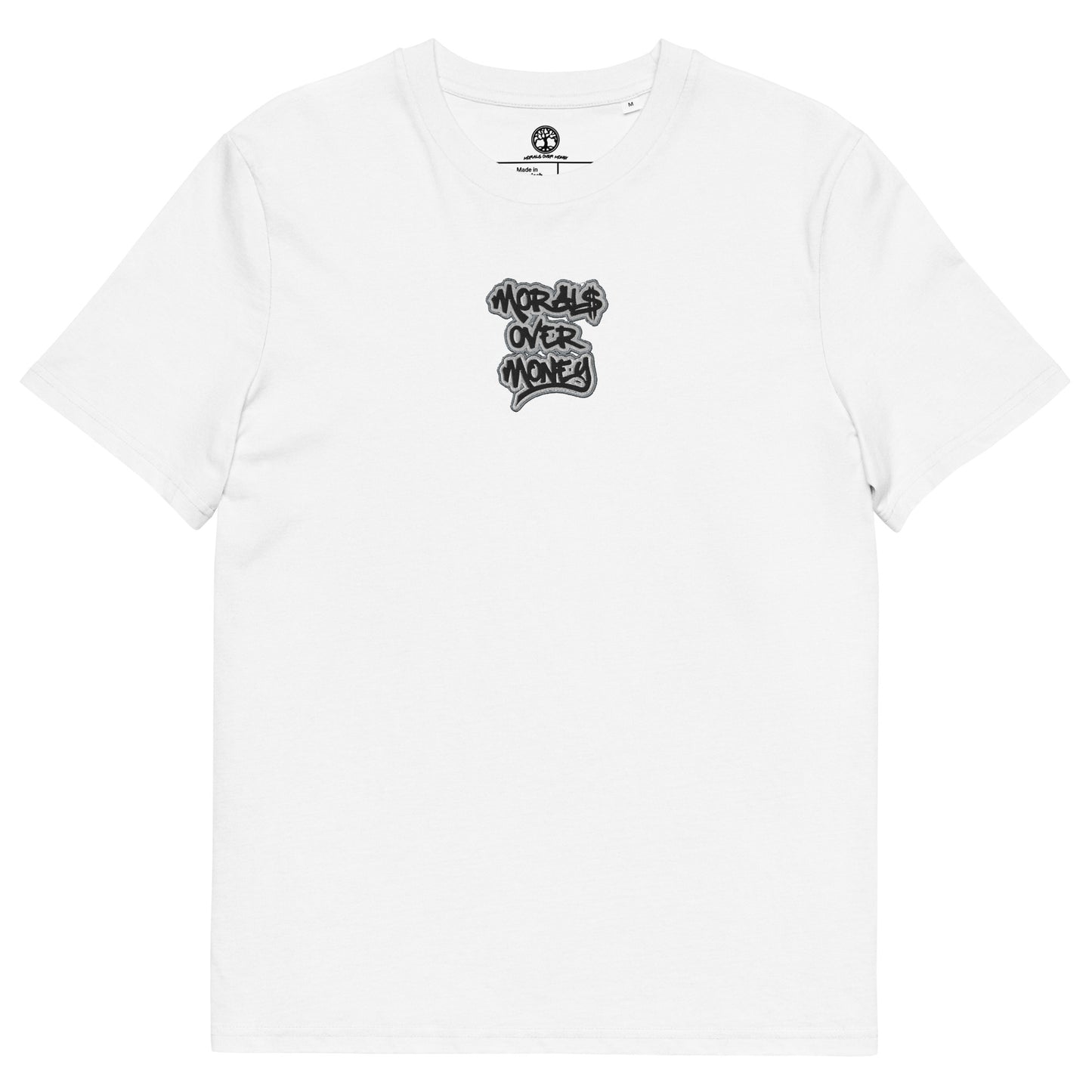 100% Organic Cotton 'Morals Over Money' Centre Embroidered Eco Tee- Black, White & Grey Logo