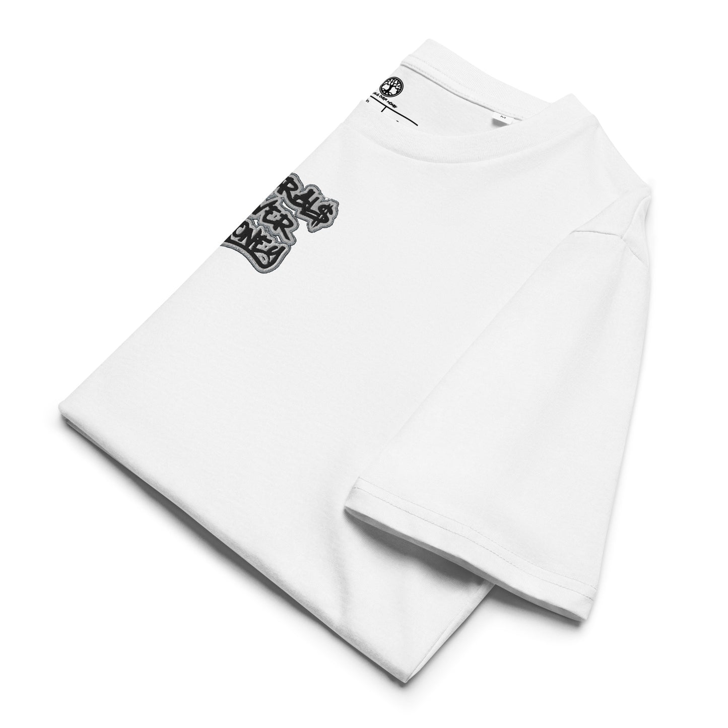 100% Organic Cotton 'Morals Over Money' Centre Embroidered Eco Tee- Black, White & Grey Logo