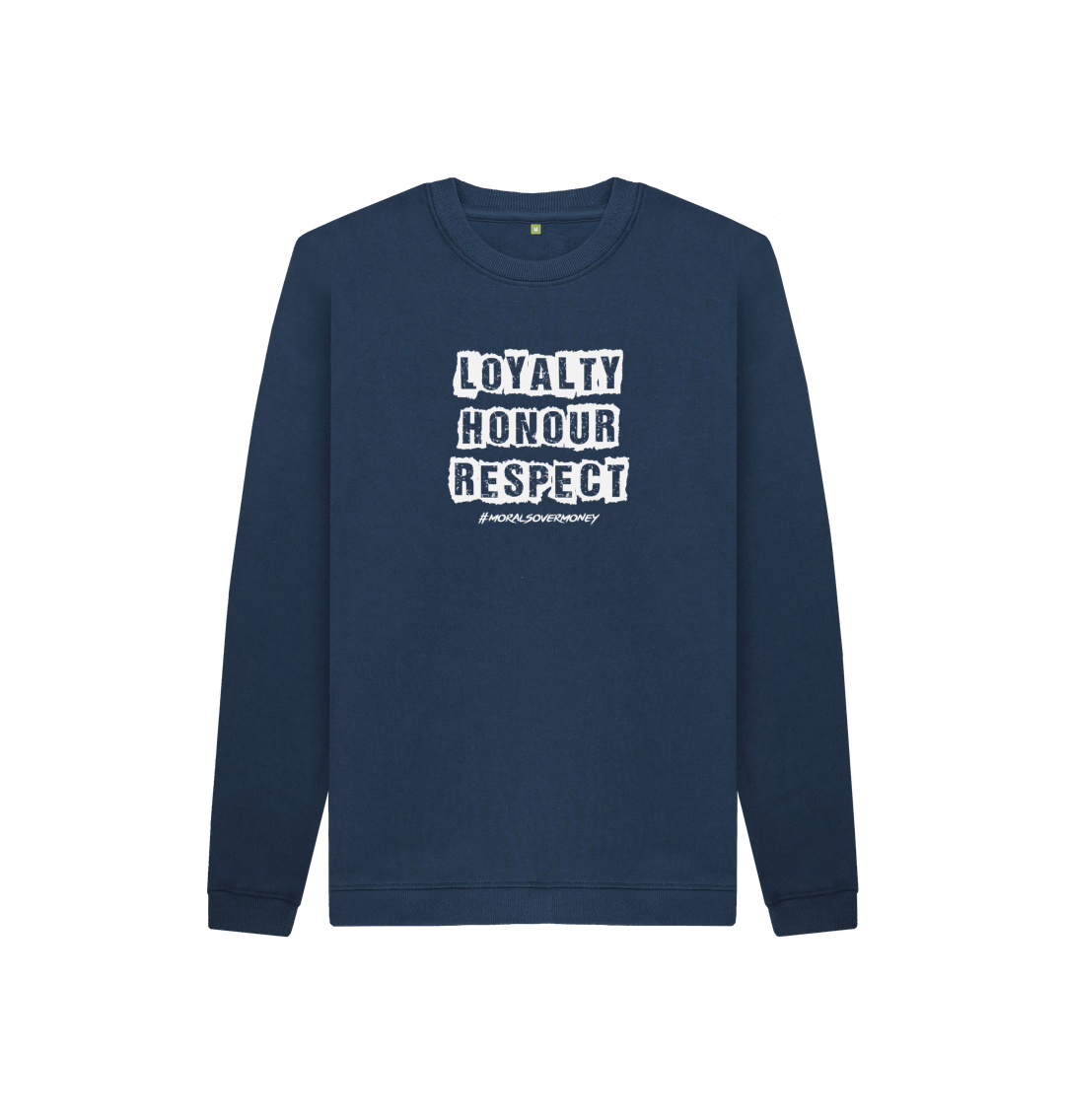 Navy Blue Kid's 100% Organic Cotton 'Loyalty, Honour, Respect' Eco Jumper - White Logo Logo